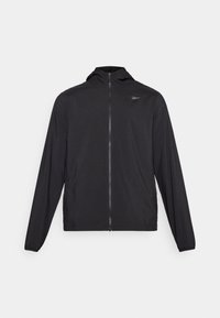 Chaqueta ligera negra con capucha, cremallera completa y mangas largas. Confeccionada con una tela suave, presenta un diseño minimalista y un sutil detalle del logo.