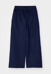 Calças largas azul marinho com cintura elástica. Feitas de um tecido suave com costuras mínimas e sem bolsos visíveis.