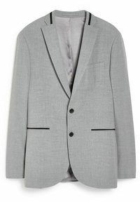 Helle graue Blazer mit strukturierter Stoff, schwarzen Akzenten am Kragen und den Taschen, Zwei-Knopf-Verschluss und aufgesetzten Revers.