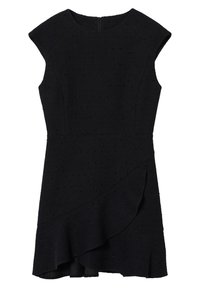 Schwarz Kleid mit tailliertem Oberteil, kurzen Ärmeln und einem schwingenden Rock mit Rüschen. Der Stoff hat ein strukturiertes Muster.