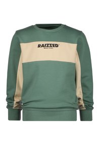 Sudadera de bloque de color verde y beige con cuello redondo, mangas largas y puños de canalé. Presenta un logo negro en el pecho.