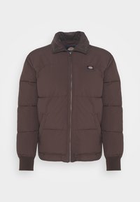 Brązowa kurtka puchowa z kołnierzem ze sztruksu, suwakiem z przodu i ściągaczami na rękawach. Posiada pikowane sekcje oraz małe logo na piersi.