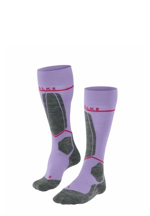 Boven de knie reikende sokken in lavendel met donkergrijze accenten. Voorzien van een geribde boord, een roze logoband en een gestructureerd patroon voor extra comfort.
