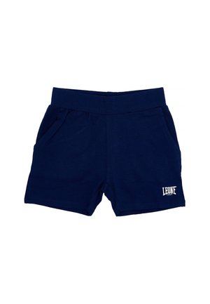 Short bleu marine avec une taille élastique, des poches latérales et un logo Leone blanc sur le bas de la jambe droite.