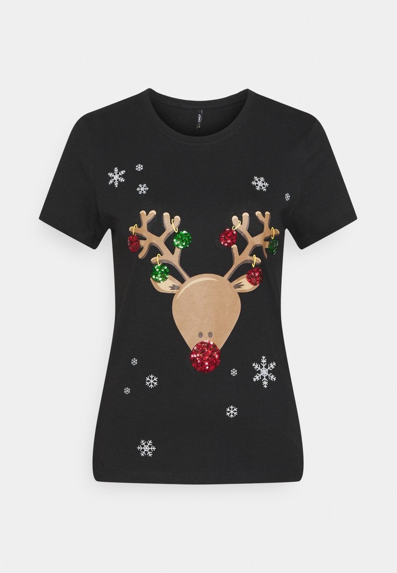 T-shirt noir à manches courtes avec un visage de renne, des bois décorés tenant des ornements rouges et verts pailletés, et des flocons de neige blancs dispersés.