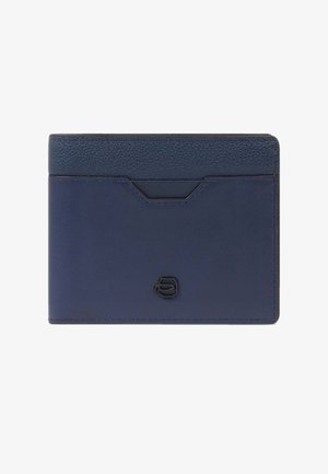 Porte-cartes en cuir bleu marine avec bord supérieur texturé, emplacement central pour carte et petit logo noir embossé à l'avant.