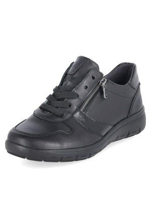 Zapatilla deportiva de cuero negro con cordones negros, cremallera lateral y suela de goma gruesa, mostrada en ángulo sobre un fondo blanco liso.