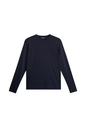 Marinblå långärmad skjorta i glatt, lätt material. Klassisk crew neck-design med en subtilt präglad logotyp på bröstet.