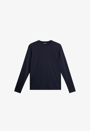 Marineblauwe longsleeve shirt van glad, lichtgewicht stof. Klassiek crew neck ontwerp, met een subtiel reliëflogo op de borst.
