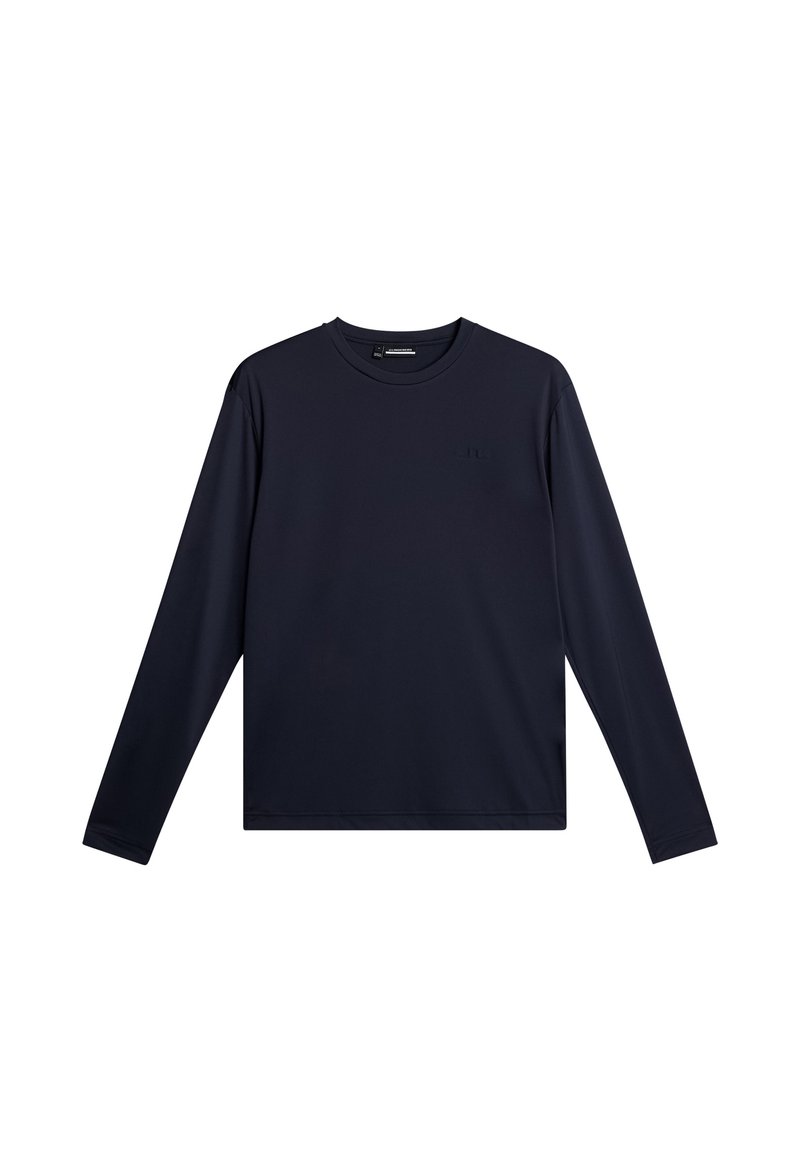 Marineblå langærmet skjorte lavet af glat, letvægtsstof. Klassisk crew neck-design med et diskret præget logo på brystet.