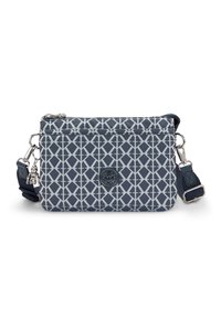 Kleine, marineblaue Umhängetasche mit geometrischem weißen Diamantmuster, vorderer Reißverschluss-Tasche, verstellbarem Schulterriemen und angehängt einem metallischen Schlüsselanhänger.