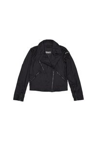 Giacca corta nera in nylon, caratterizzata da numerose tasche con zip, colletto a svolazzo e spalline. Texture liscia.