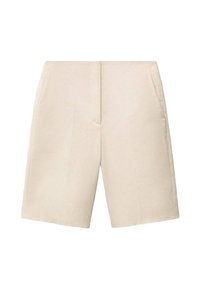 Beige maßgeschneiderte Shorts aus strukturiertem Stoff, mit geradem Schnitt, zwei Fronttaschen und gepressten Nahtdetails.