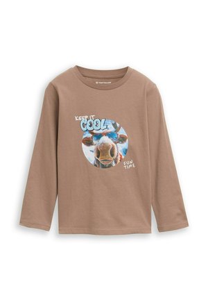 Braunes Langarmshirt mit einem kreisförmigen Motiv einer Kuh mit Sonnenbrille und dem Text "Keep it cool" und "Fun time" auf der Vorderseite.