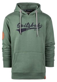 Grön huvtröja med en framficka, snörning och marinblå logotyp. Har mjukt tyg och ribbade ärmslut. Inkluderar en brun logotypapplikation på ärmen.
