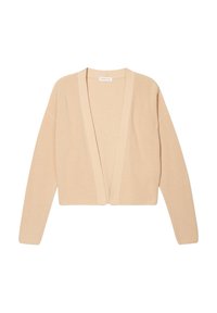 Cardigan en tricot beige à manches longues et à ouverture sur le devant. Texture côtelée et coupe légèrement oversize. Sans boutons ni fermetures.