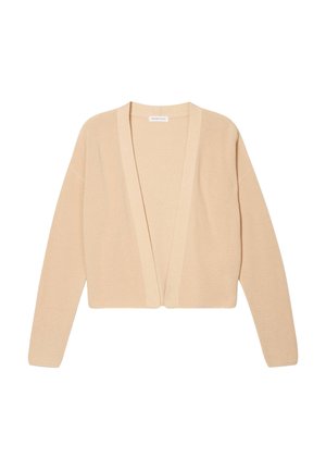 Beige knitted cardigan with long sleeves and an open front design. Ribbed texture and slight oversize fit. No buttons or fastenings.