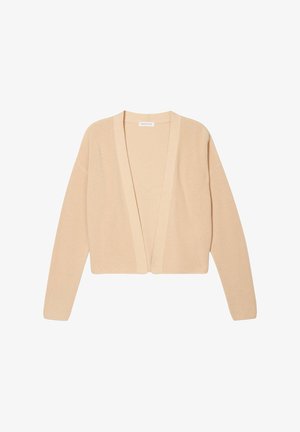 Beige knitted cardigan with long sleeves and an open front design. Ribbed texture and slight oversize fit. No buttons or fastenings.