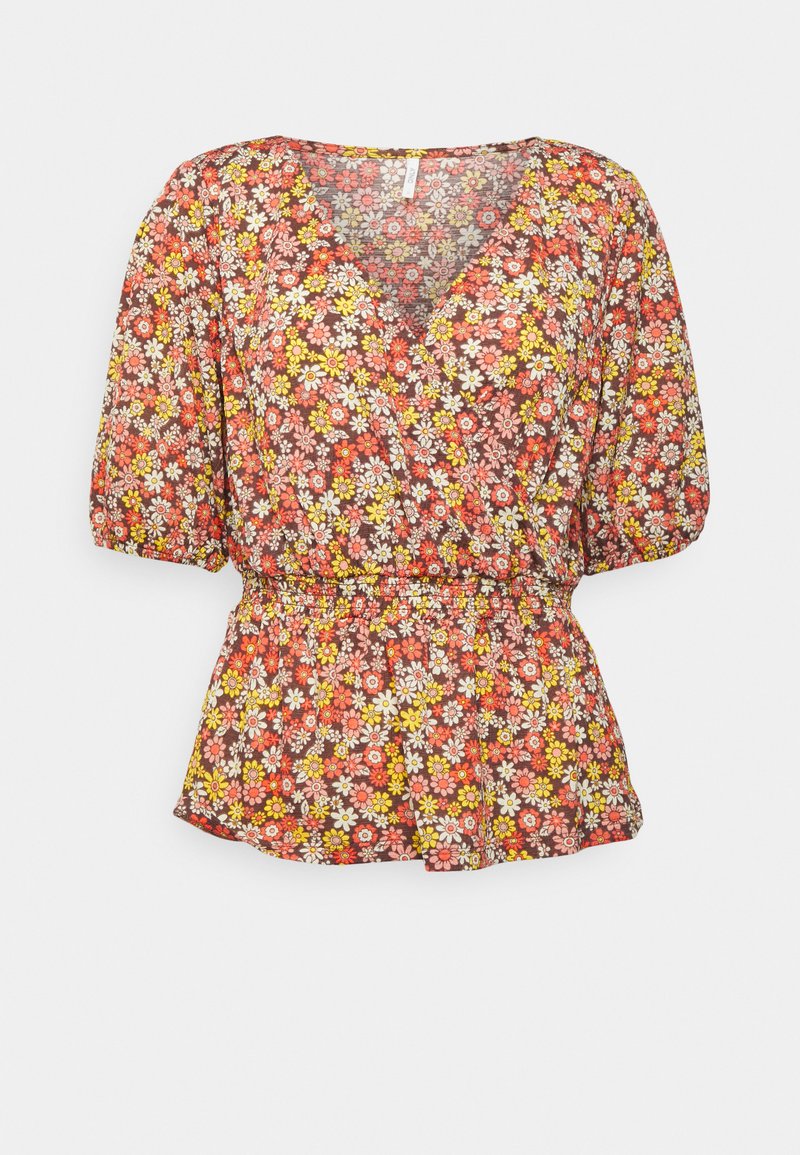 Blusa com estampado floral em tecido leve e semi-translúcido. Apresenta mangas curtas em formato de balão, decote em V e uma cintura elástica com flores de várias cores.