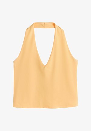 Haut sans manches orange clair avec col en V profond et larges bretelles attachées à l'arrière du cou.