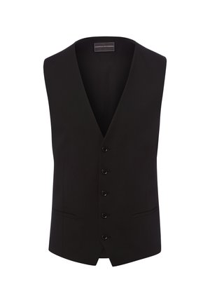 Schwarze, maßgeschneiderte Weste mit fünf Knöpfen, zwei Fronttaschen und tiefem V-Ausschnitt.