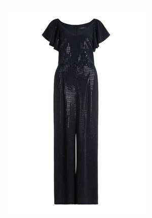 Navyblauw jumpsuit met pailletten, met fladdermouwen, een V-hals en wijde pijpen, voorzien van een ritssluiting aan de achterkant.