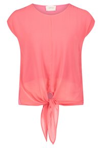 Top corto a maniche corte di colore rosa corallo realizzato in tessuto leggero, con dettaglio del nodo frontale in vita e scollatura rotonda.