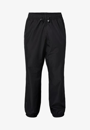 Black waterproof pants with elastic waistband, drawstring closure, and elastic cuffs. Features subtle reflective detailing on the lower leg.