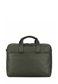 Laptop-Tasche aus dunkelgrünem Leder mit zwei oberen Griffen, einem Reißverschluss und einer schlichten, glatten Außenseite ohne sichtbare Beschläge.