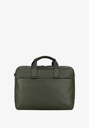 Borsa per laptop in pelle verde scuro, con doppi manici superiori, chiusura con zip e esterno liscio e semplice senza elementi metallici visibili.