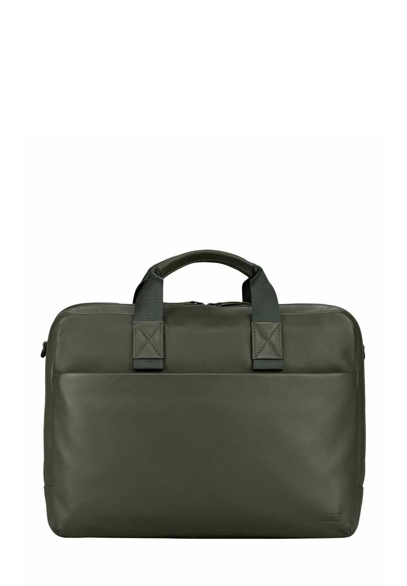 Laptop-Tasche aus dunkelgrünem Leder mit zwei oberen Griffen, einem Reißverschluss und einer schlichten, glatten Außenseite ohne sichtbare Beschläge.
