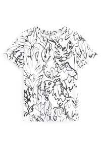 Camiseta blanca con un patrón de boceto floral en negro. Manga corta, cuello redondo, tejido ligero con una textura suave.