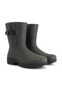 Bottes en caoutchouc imperméables grises avec une surface texturée, une semelle noire robuste et une sangle latérale pour un ajustement. Design moderne et épuré.