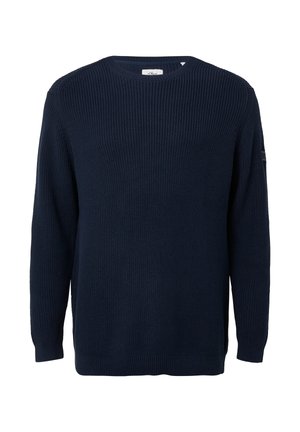 Marineblauer Strickpullover mit Rundhalsausschnitt, langen Ärmeln und gerippten Bündchen. Verfügt über ein strukturiertes Gewebe und ein dezentes Logo am Ärmel.