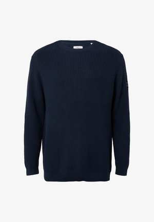 Navyblauwe gebreide trui met een ronde hals, lange mouwen en geribde manchetten. Heeft een gestructureerde stof en een subtiel logo op de mouw.
