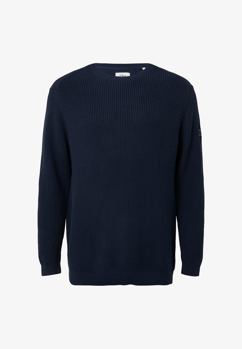 Tumed Sinine kootud sviiter ümar kaelusega, pikkade varrukatega ja soonikkoes mansetid. Omab tekstuurset kangast ja diskreetset logo varrukal.