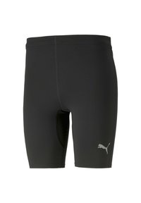 Pantalones cortos deportivos negros hechos de tela elástica, con un ajuste ceñido, textura suave y un pequeño logo reflectante en la pierna izquierda.