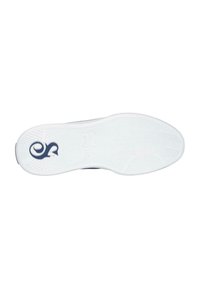 Suela de zapato en goma blanca con patrón de espiga texturizado. Presenta un logo azul cerca del talón y bordes lisos para un mejor agarre.