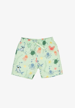 Vihreät uima-shortsit, joissa on leikkisä meriteemainen printti, jossa on hait, mustekaloja, meduuzoita, rapuja ja kilpikonnia kirkkaissa väreissä.