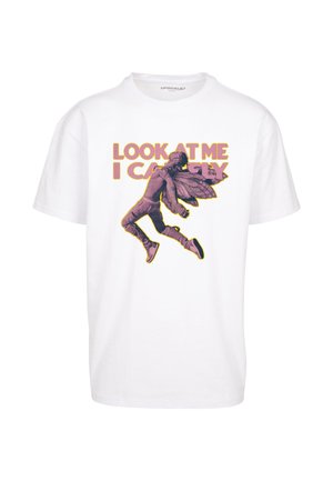 White cotton t-shirt featuring a graphic design of a figure with wings and text "LOOK AT ME I CAN FLY" in yellow and purple.