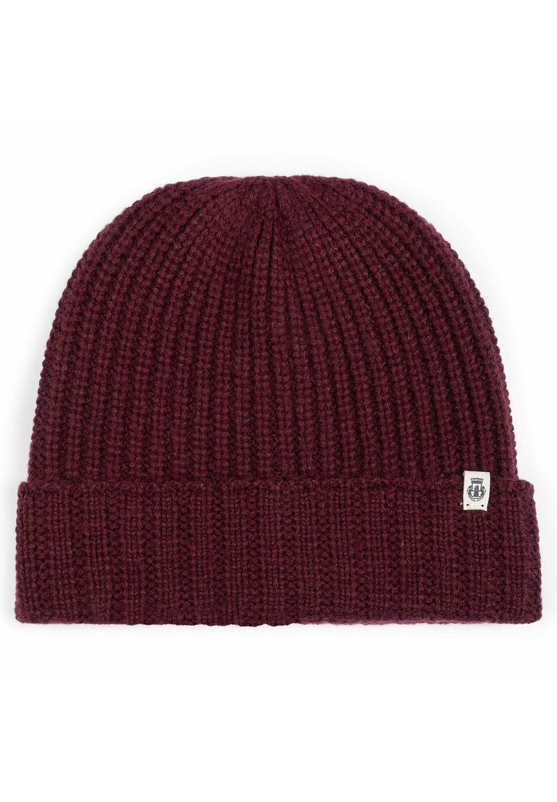 Knit beanie in deep burgundy, featuring a ribbed texture and a folded cuff. Includes a small white logo tag on the side.