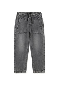 Pantalones de mezclilla grises con cintura elástica, piernas ajustadas y dos grandes bolsillos frontales. Presentan costuras visibles y un acabado deslavado.