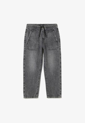 Pantalons en jean gris avec une taille élastique, jambes fuselées et deux grandes poches avant. Présente des coutures visibles et une finition délavée.