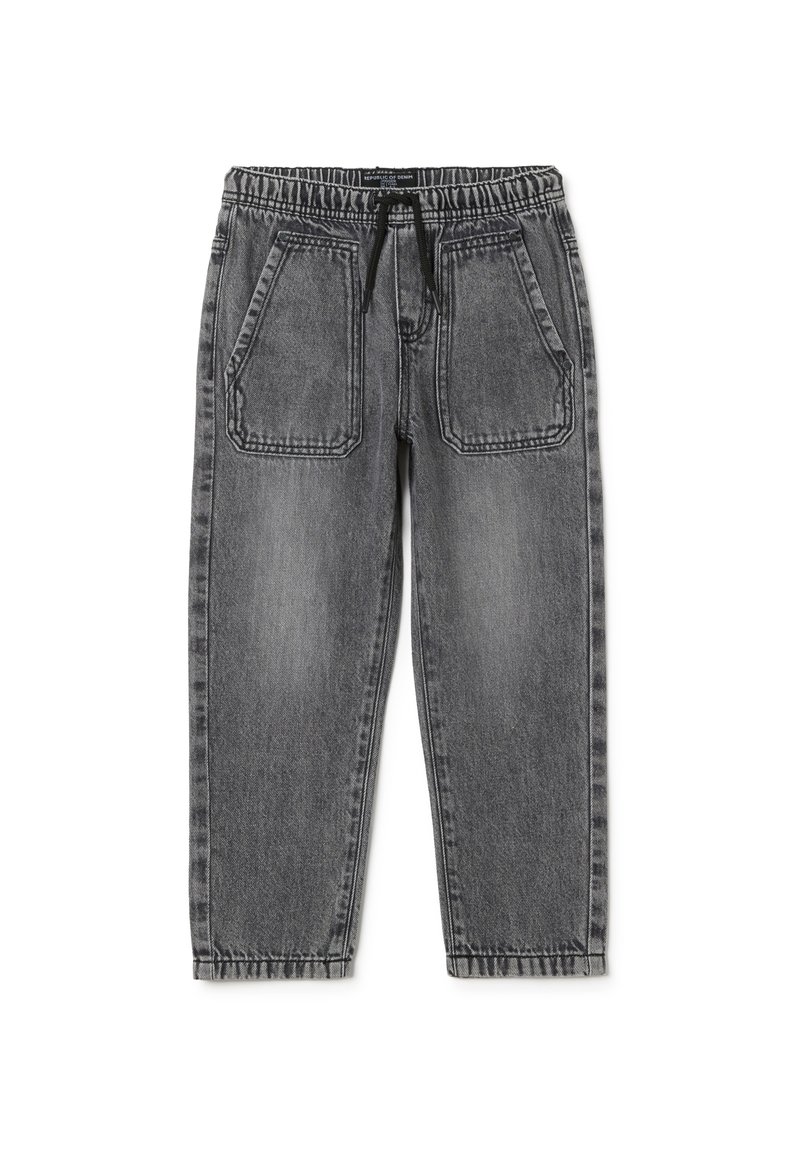 Pantalons en jean gris avec une taille élastique, jambes fuselées et deux grandes poches avant. Présente des coutures visibles et une finition délavée.