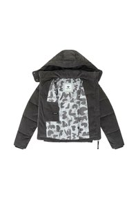 Giacca nera imbottita con esterno trapuntato, cappuccio attaccato e fodera grigia a motivo camouflage con tasca interna. Presenta un'etichetta del marchio.