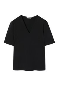 T-shirt noir à manches courtes avec un décolleté en V profond, en tissu lisse, arbore des bordures nettes et une coupe décontractée.