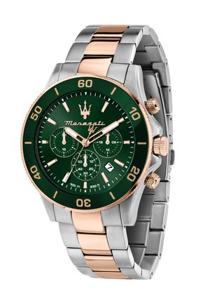 Maserati chronograph watch with a green dial and rose gold accents, stainless steel and rose gold bracelet, featuring sub-dials and date display.