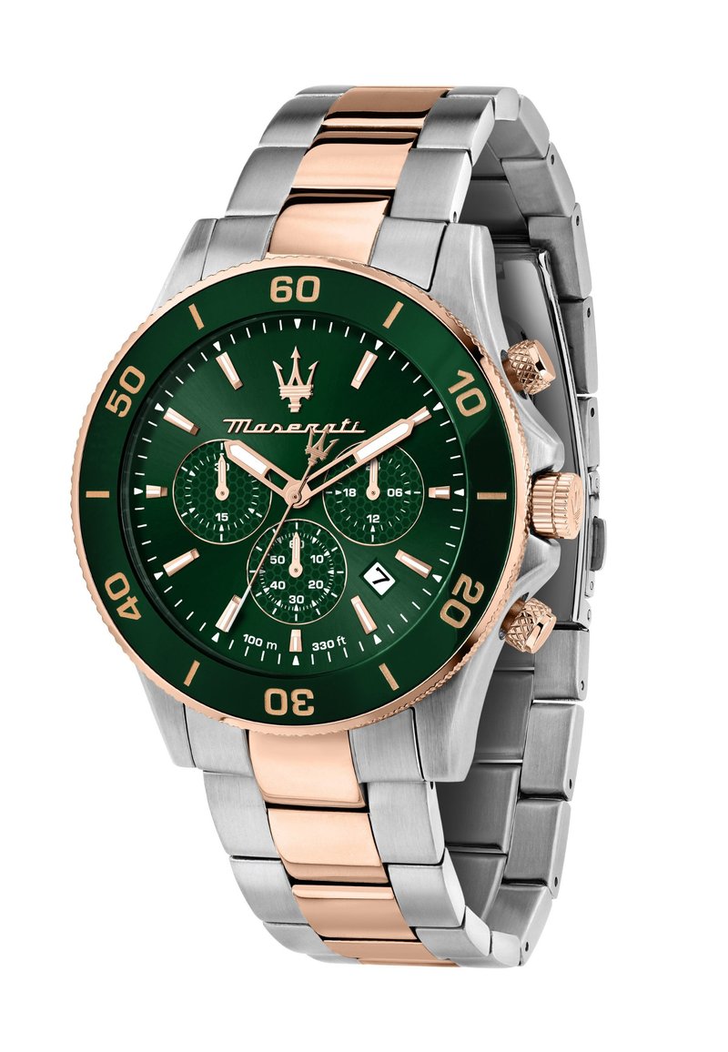 Maserati kronograf ur med grøn urskive og rosaguld detaljer, rustfrit stål og rosaguld armbånd, med sub-ure og datovisning.