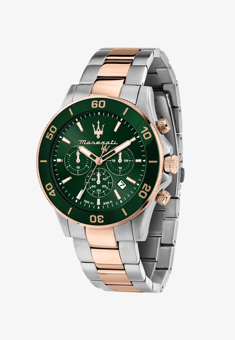 Maserati kronograf ur med grøn urskive og rosaguld detaljer, rustfrit stål og rosaguld armbånd, med sub-ure og datovisning.