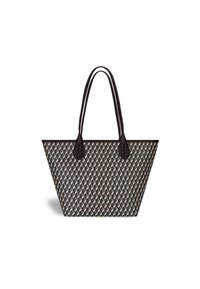 Torba tote w geometryczne wzory w kolorach granatowym, beżowym i kremowym; posiada ciemnobrązowe skórzane uchwyty i gładkie wykończenie.